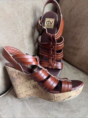 DV by Dolce Vita Cognac Brown Leather Cork Wedge Sandals